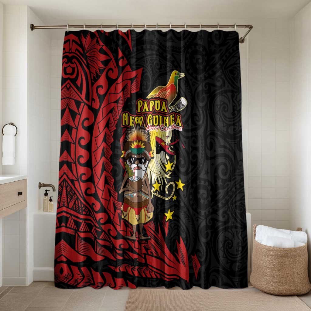 Papua New Guinea Christmas Bathroom Set Funny Melanesian Santa with Bird-of-paradise Tribal Style LT03 Shower Curtain Only Black - Polynesian Pride