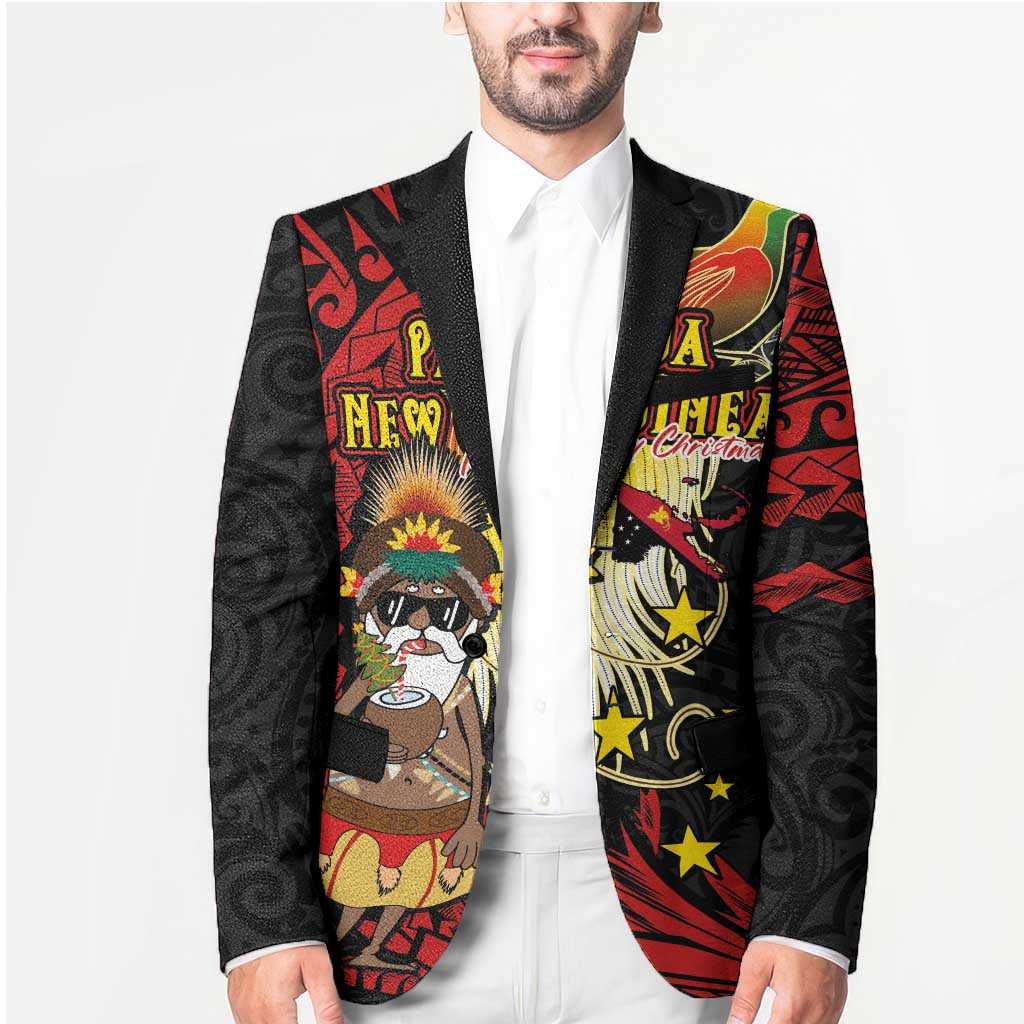 Papua New Guinea Christmas Blazer Funny Melanesian Santa with Bird-of-paradise Tribal Style LT03 - Polynesian Pride