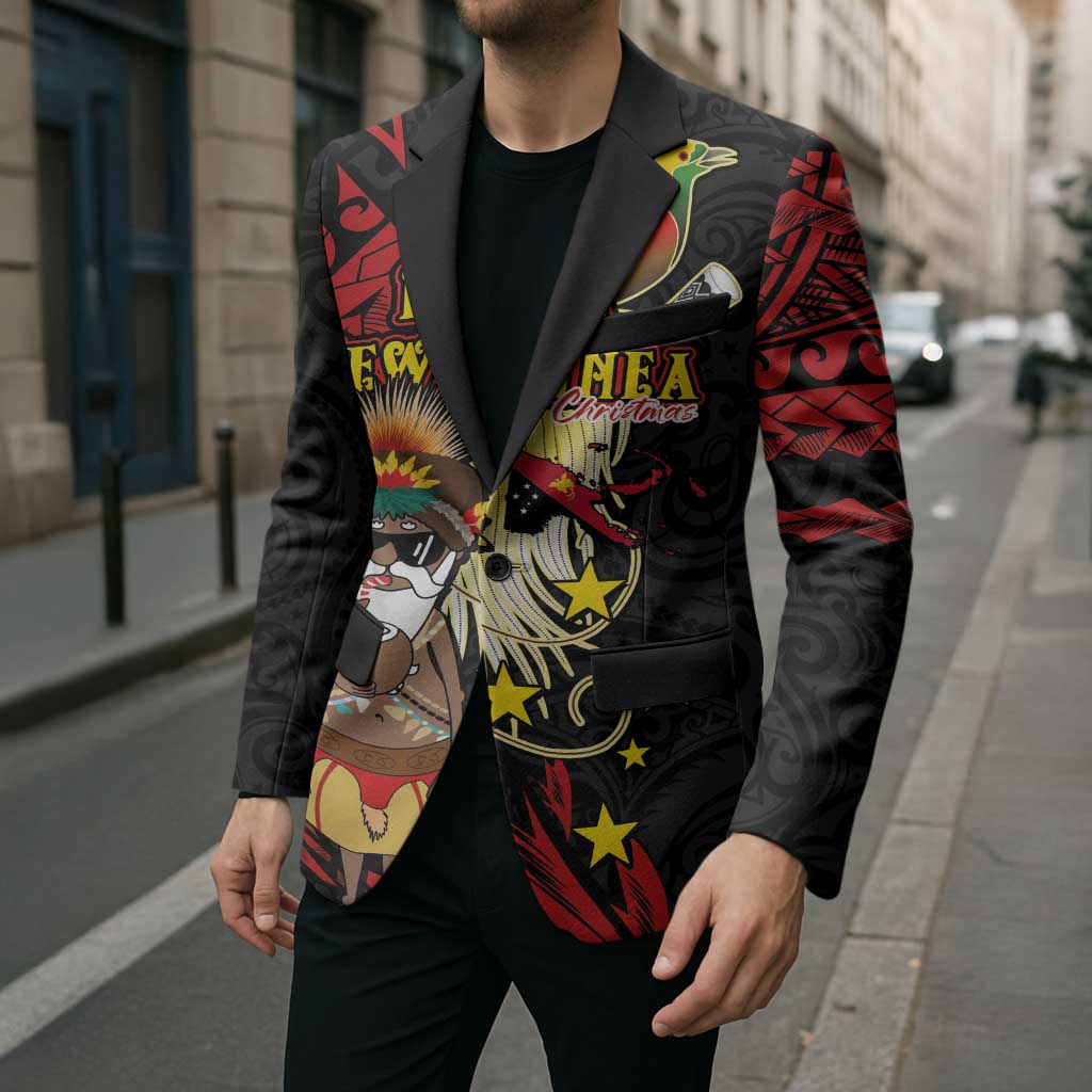 Papua New Guinea Christmas Blazer Funny Melanesian Santa with Bird-of-paradise Tribal Style LT03 - Polynesian Pride