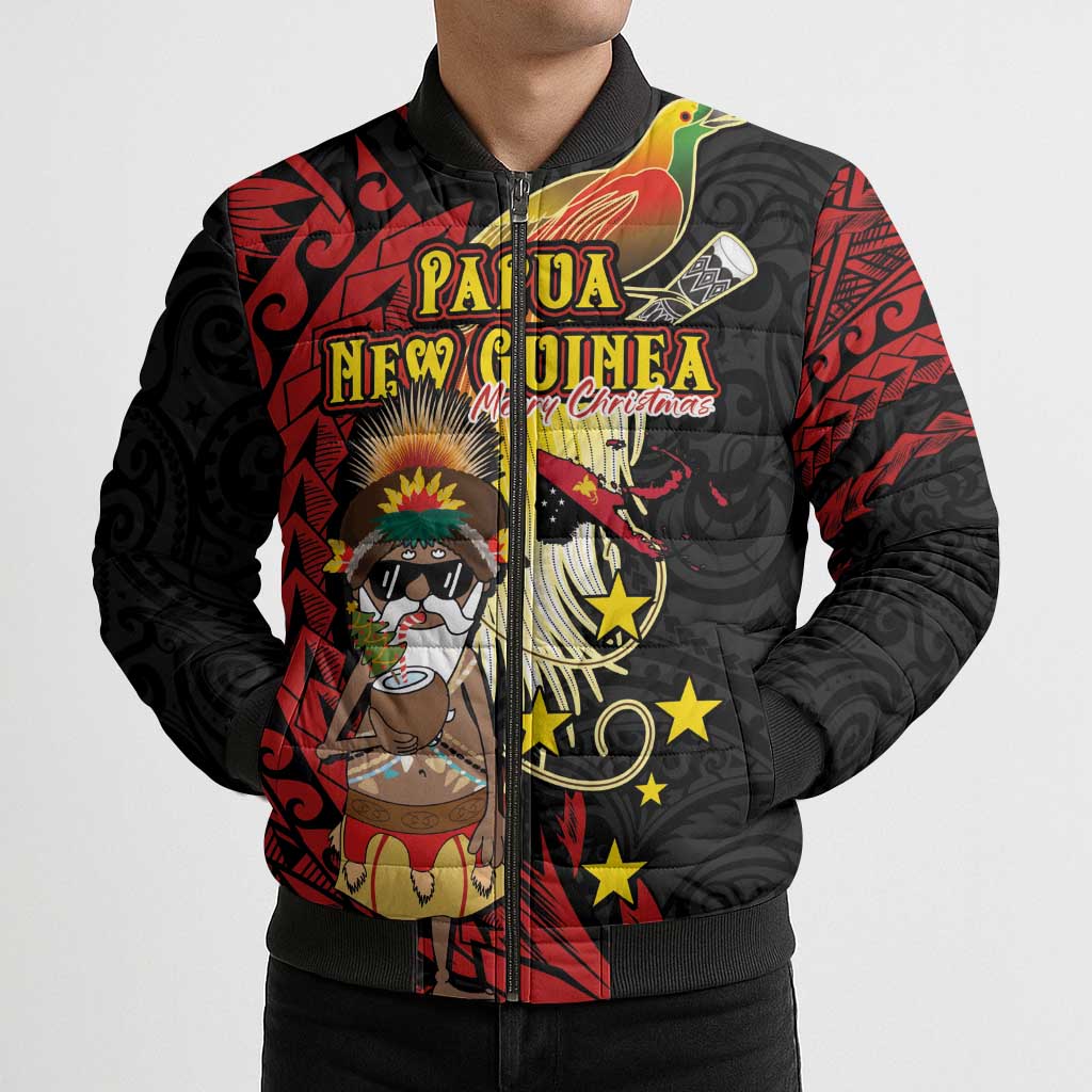 Papua New Guinea Christmas Bomber Puffer Jacket Funny Melanesian Santa with Bird-of-paradise Tribal Style LT03 - Polynesian Pride