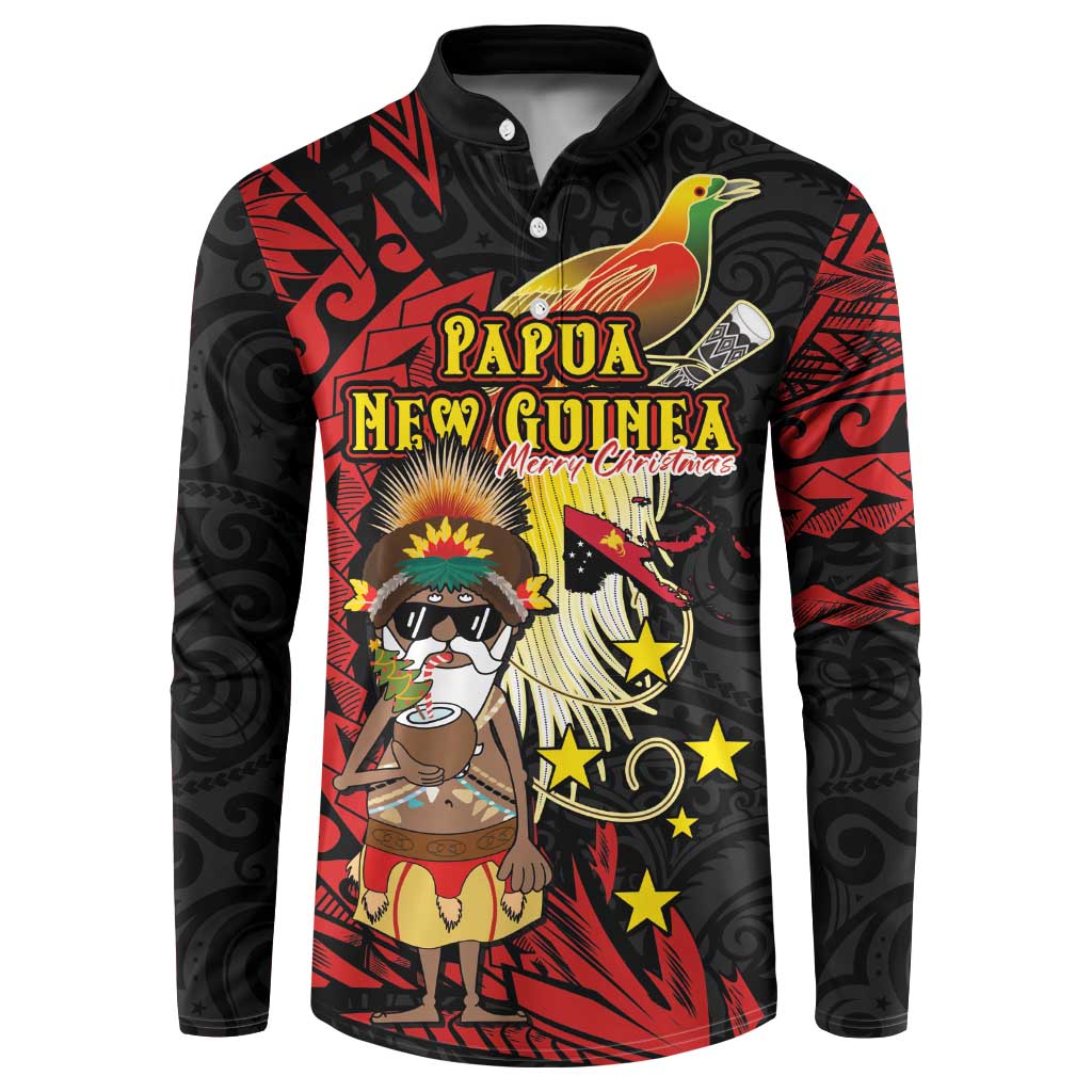 Papua New Guinea Christmas Button Sweatshirt Funny Melanesian Santa with Bird-of-paradise Tribal Style LT03 Black - Polynesian Pride