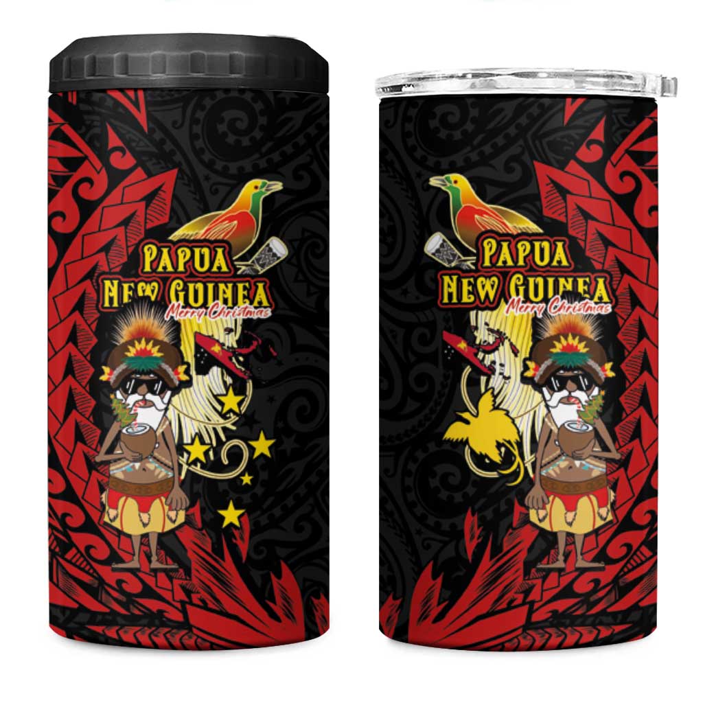 Papua New Guinea Christmas 4 in 1 Can Cooler Tumbler Funny Melanesian Santa with Bird-of-paradise Tribal Style LT03 One Size: 16 oz Black - Polynesian Pride