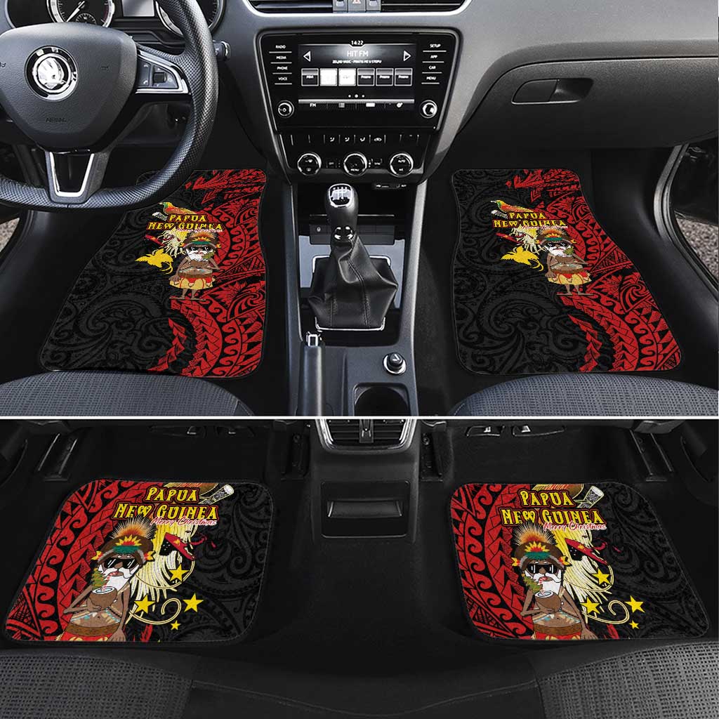 Papua New Guinea Christmas Car Mats Funny Melanesian Santa with Bird-of-paradise Tribal Style LT03 Set 4pcs Black - Polynesian Pride