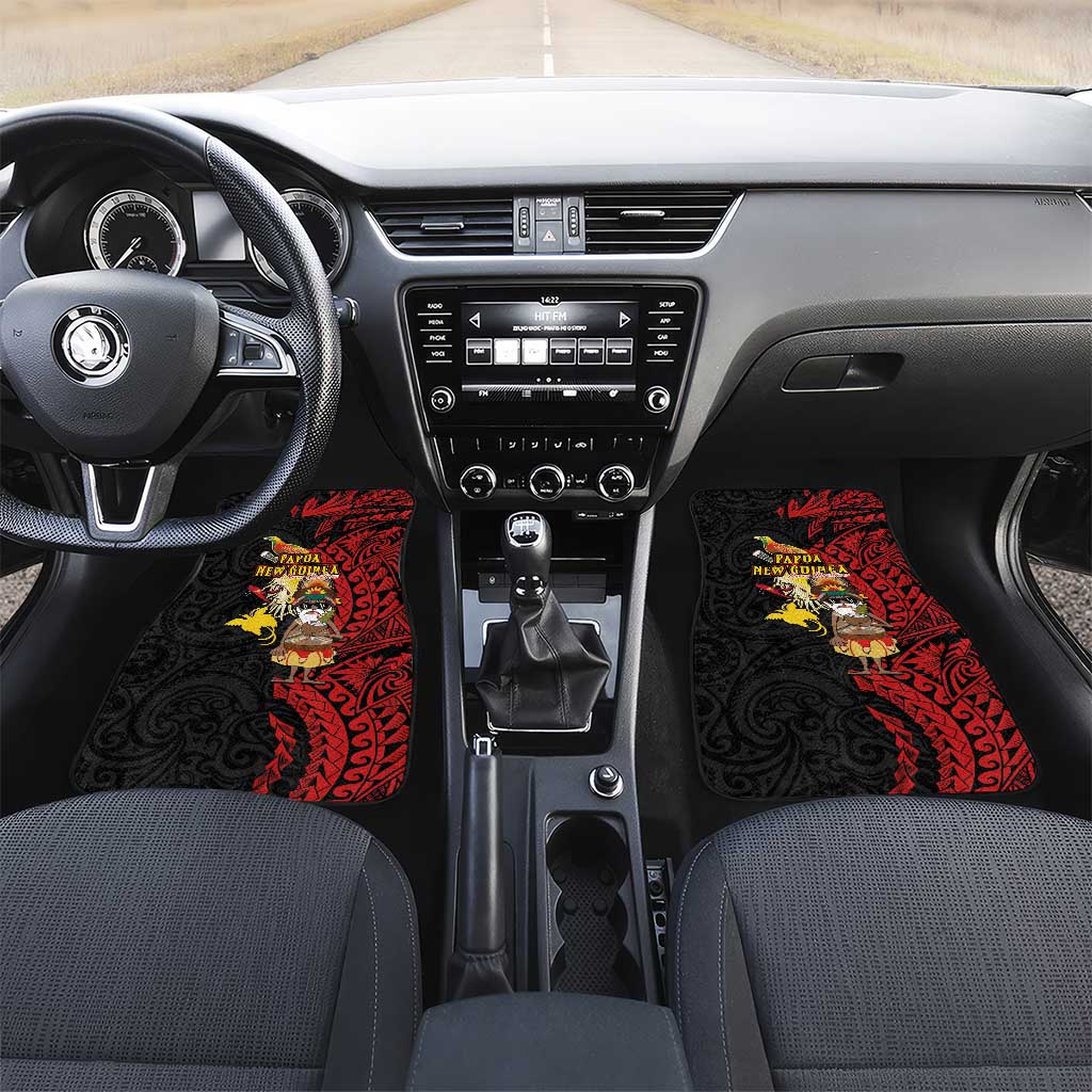 Papua New Guinea Christmas Car Mats Funny Melanesian Santa with Bird-of-paradise Tribal Style LT03 Set 2pcs - Front Black - Polynesian Pride