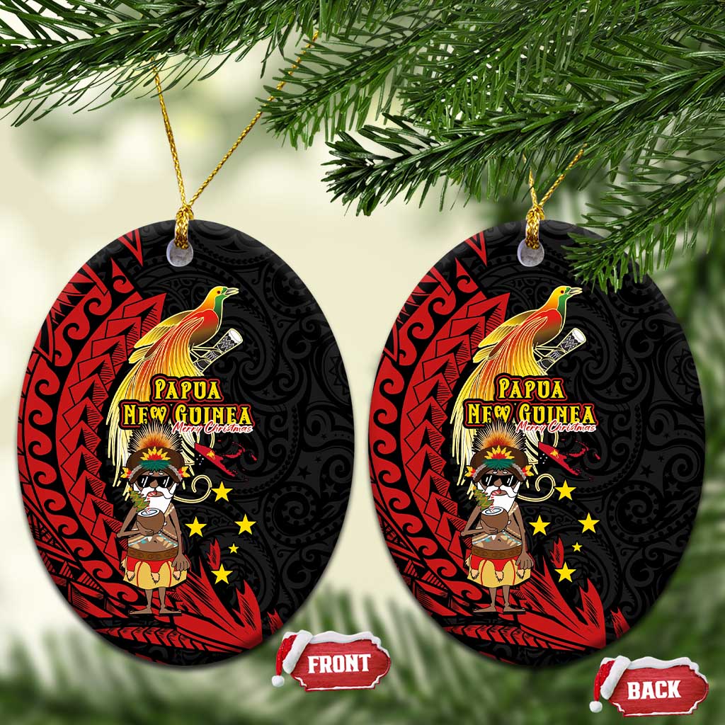 Papua New Guinea Christmas Ceramic Ornament Funny Melanesian Santa with Bird-of-paradise Tribal Style LT03 Oval Black - Polynesian Pride