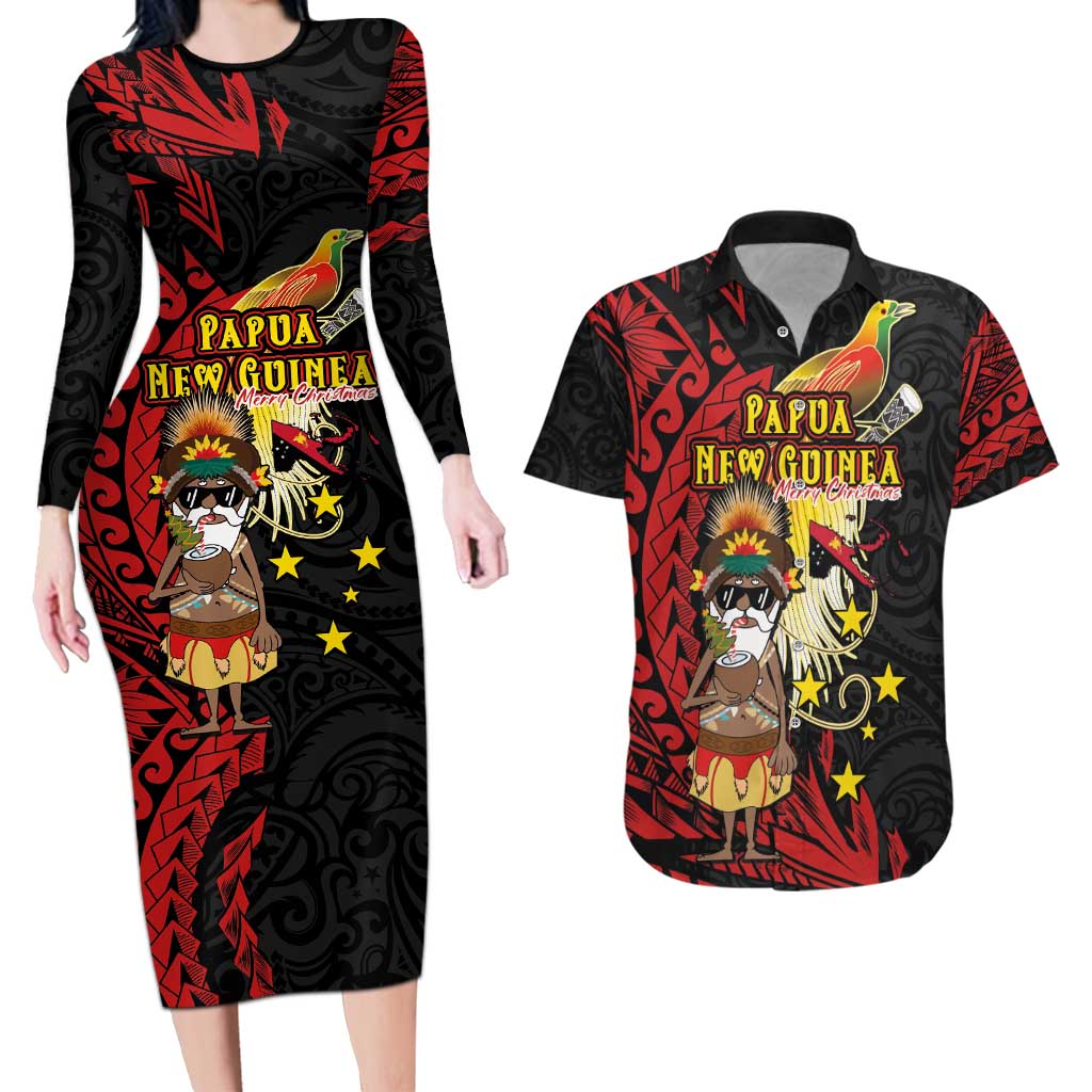 Papua New Guinea Christmas Couples Matching Long Sleeve Bodycon Dress and Hawaiian Shirt Funny Melanesian Santa with Bird-of-paradise Tribal Style LT03 Black - Polynesian Pride