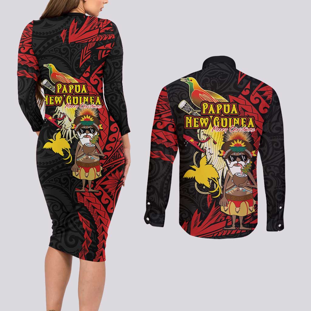 Papua New Guinea Christmas Couples Matching Long Sleeve Bodycon Dress and Long Sleeve Button Shirt Funny Melanesian Santa with Bird-of-paradise Tribal Style LT03 - Polynesian Pride