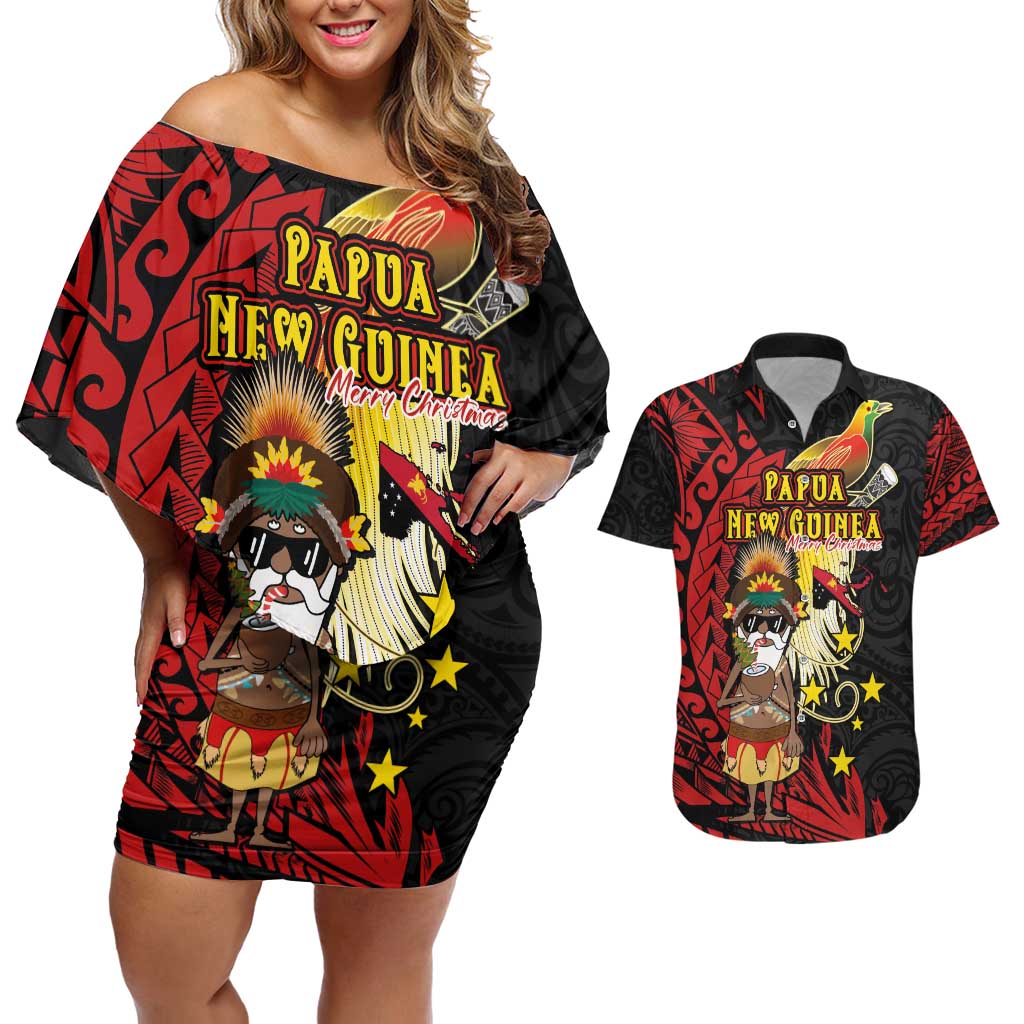 Papua New Guinea Christmas Couples Matching Off Shoulder Short Dress and Hawaiian Shirt Funny Melanesian Santa with Bird-of-paradise Tribal Style LT03 Black - Polynesian Pride