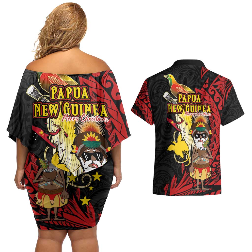 Papua New Guinea Christmas Couples Matching Off Shoulder Short Dress and Hawaiian Shirt Funny Melanesian Santa with Bird-of-paradise Tribal Style LT03 - Polynesian Pride