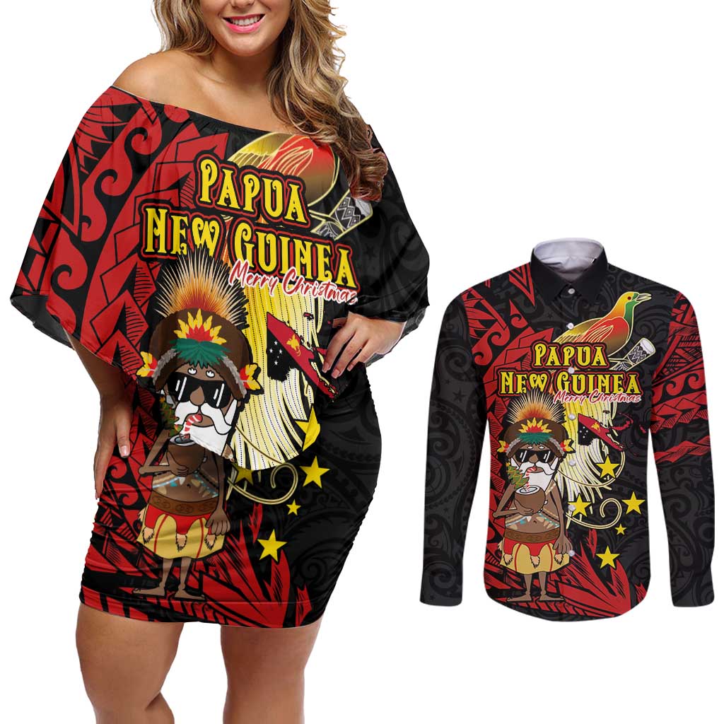 Papua New Guinea Christmas Couples Matching Off Shoulder Short Dress and Long Sleeve Button Shirt Funny Melanesian Santa with Bird-of-paradise Tribal Style LT03 Black - Polynesian Pride