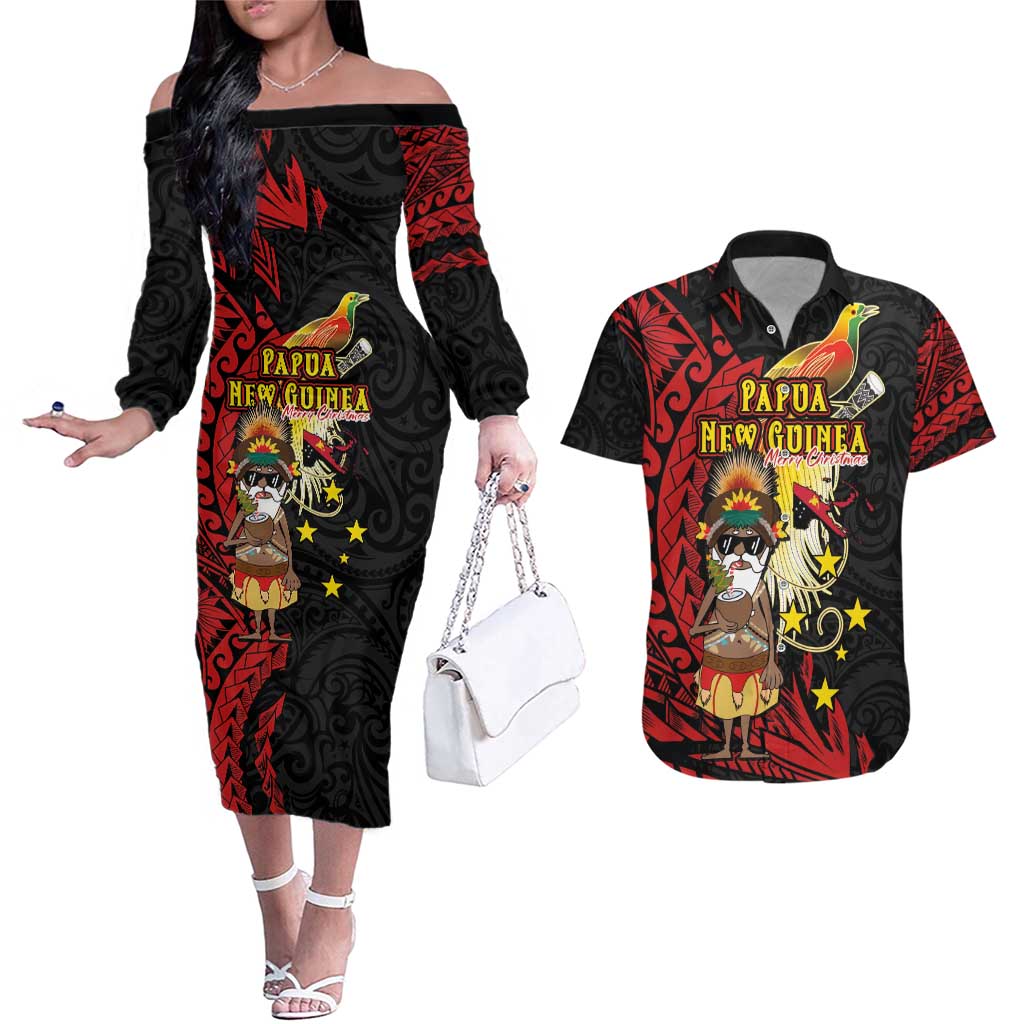 Papua New Guinea Christmas Couples Matching Off The Shoulder Long Sleeve Dress and Hawaiian Shirt Funny Melanesian Santa with Bird-of-paradise Tribal Style LT03 Black - Polynesian Pride