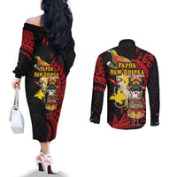 Papua New Guinea Christmas Couples Matching Off The Shoulder Long Sleeve Dress and Long Sleeve Button Shirt Funny Melanesian Santa with Bird-of-paradise Tribal Style LT03 - Polynesian Pride