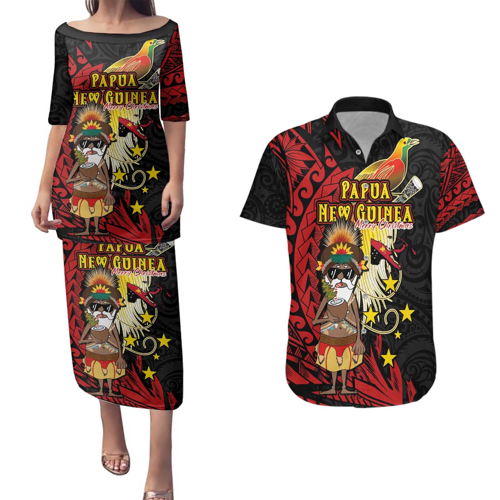 Papua New Guinea Christmas Couples Matching Puletasi and Hawaiian Shirt Funny Melanesian Santa with Bird-of-paradise Tribal Style - Polynesian Pride