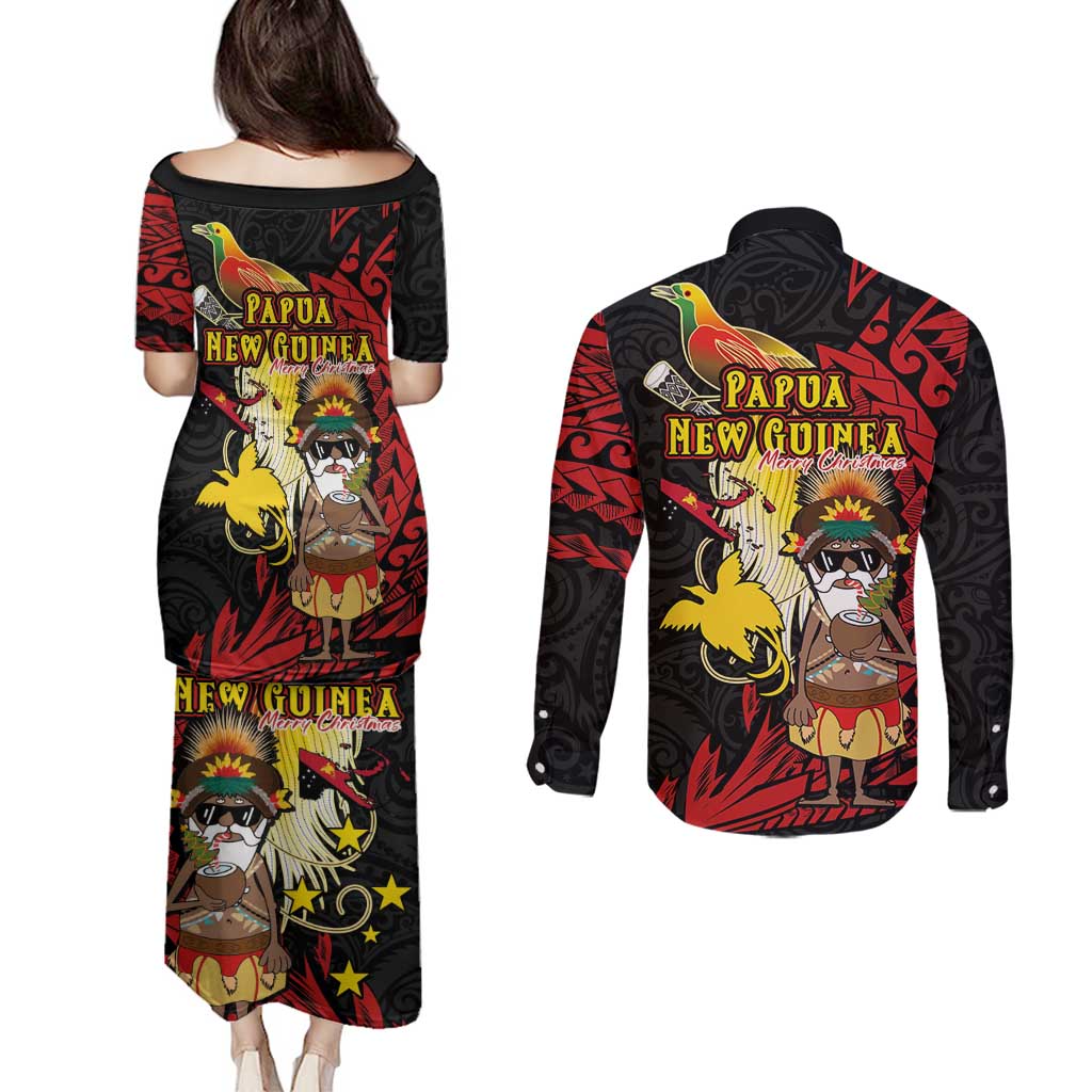 Papua New Guinea Christmas Couples Matching Puletasi and Long Sleeve Button Shirt Funny Melanesian Santa with Bird-of-paradise Tribal Style LT03 - Polynesian Pride