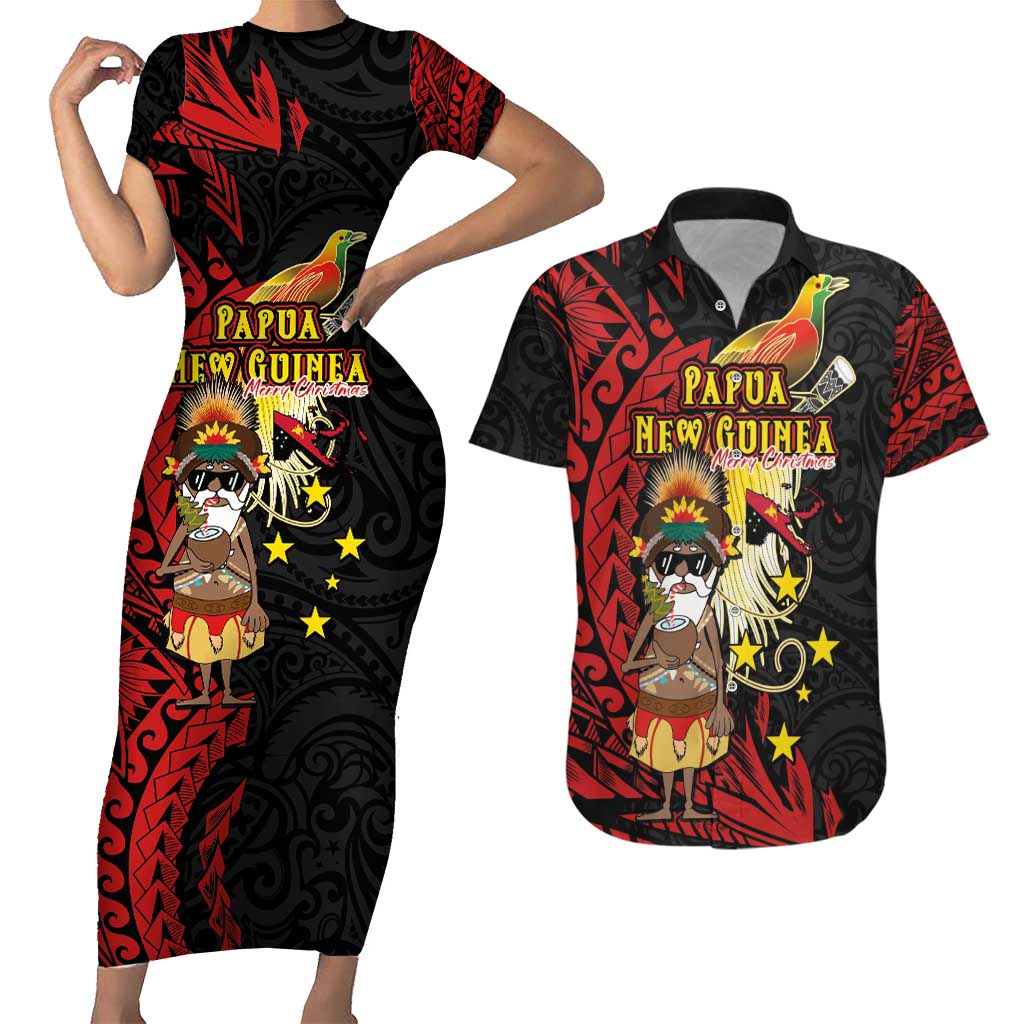 Papua New Guinea Christmas Couples Matching Short Sleeve Bodycon Dress and Hawaiian Shirt Funny Melanesian Santa with Bird-of-paradise Tribal Style LT03 Black - Polynesian Pride