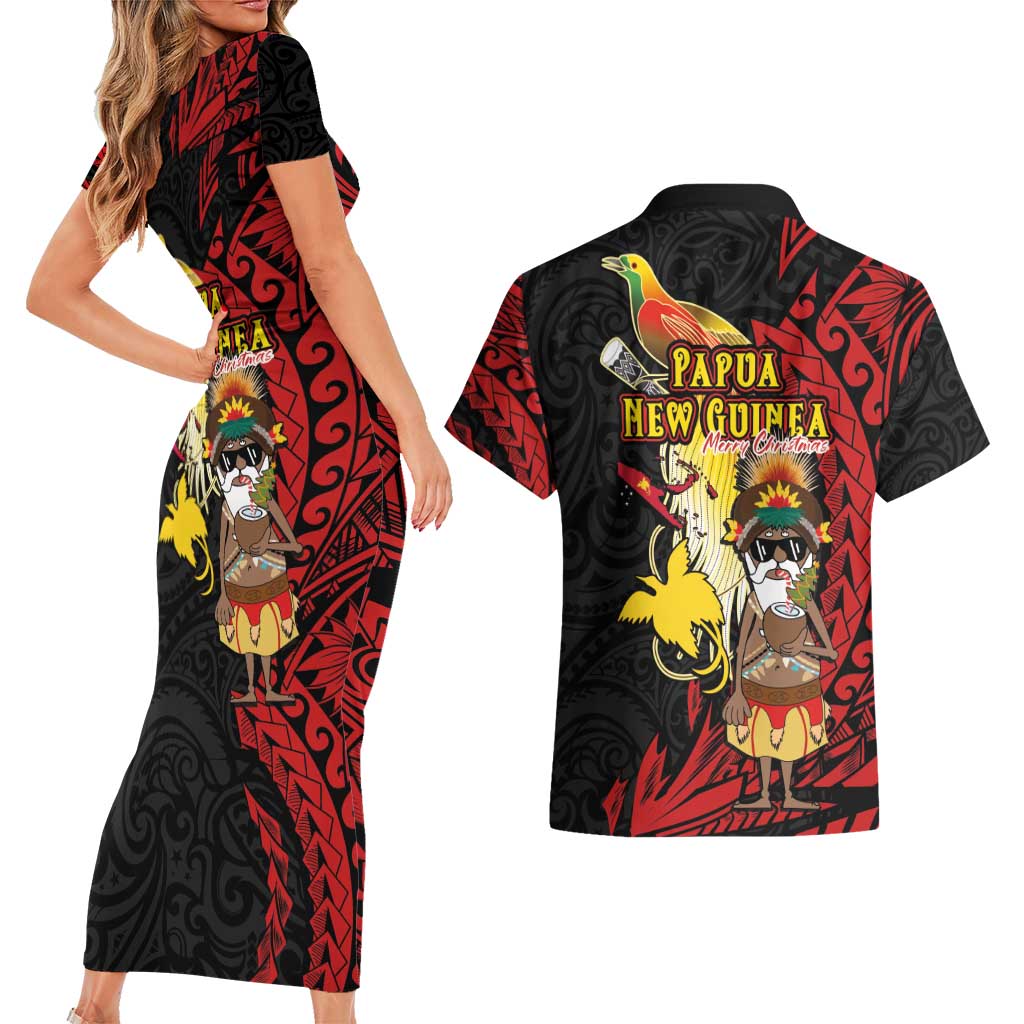 Papua New Guinea Christmas Couples Matching Short Sleeve Bodycon Dress and Hawaiian Shirt Funny Melanesian Santa with Bird-of-paradise Tribal Style LT03 - Polynesian Pride