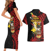 Papua New Guinea Christmas Couples Matching Short Sleeve Bodycon Dress and Hawaiian Shirt Funny Melanesian Santa with Bird-of-paradise Tribal Style LT03 - Polynesian Pride