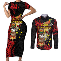Papua New Guinea Christmas Couples Matching Short Sleeve Bodycon Dress and Long Sleeve Button Shirt Funny Melanesian Santa with Bird-of-paradise Tribal Style LT03 Black - Polynesian Pride