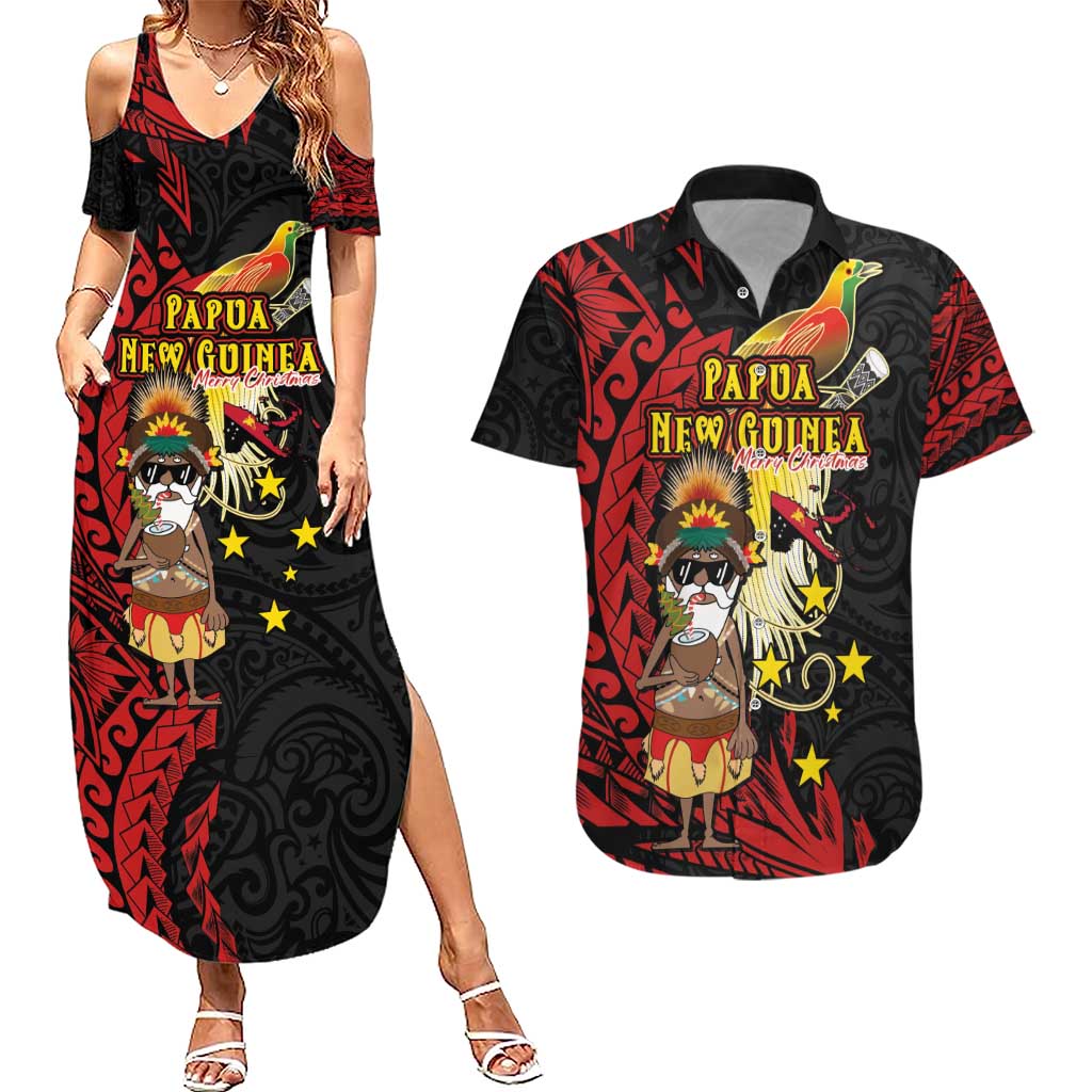 Papua New Guinea Christmas Couples Matching Summer Maxi Dress and Hawaiian Shirt Funny Melanesian Santa with Bird-of-paradise Tribal Style LT03 Black - Polynesian Pride