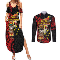 Papua New Guinea Christmas Couples Matching Summer Maxi Dress and Long Sleeve Button Shirt Funny Melanesian Santa with Bird-of-paradise Tribal Style LT03 Black - Polynesian Pride
