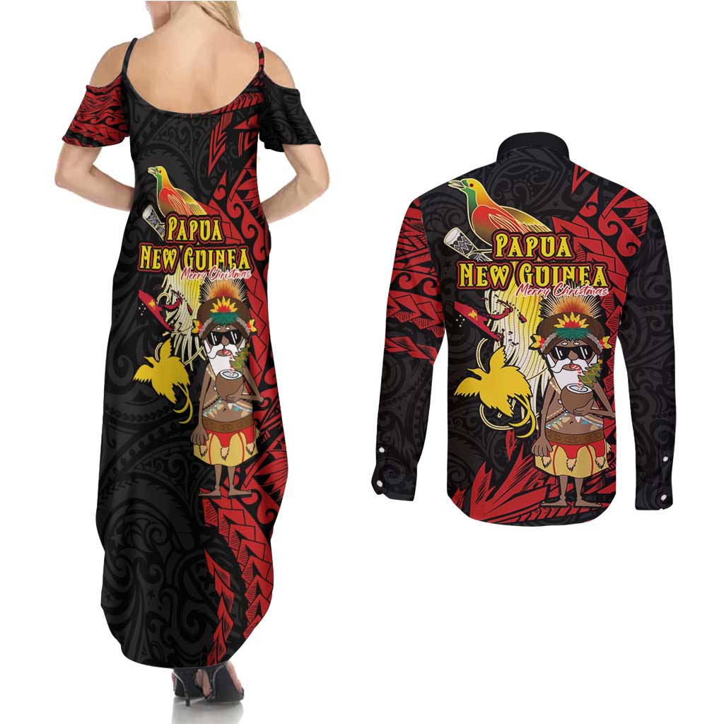 Papua New Guinea Christmas Couples Matching Summer Maxi Dress and Long Sleeve Button Shirt Funny Melanesian Santa with Bird-of-paradise Tribal Style LT03 - Polynesian Pride