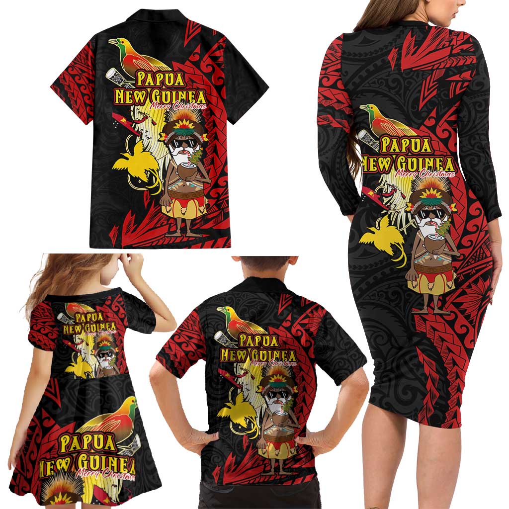 Papua New Guinea Christmas Family Matching Long Sleeve Bodycon Dress and Hawaiian Shirt Funny Melanesian Santa with Bird-of-paradise Tribal Style LT03 - Polynesian Pride