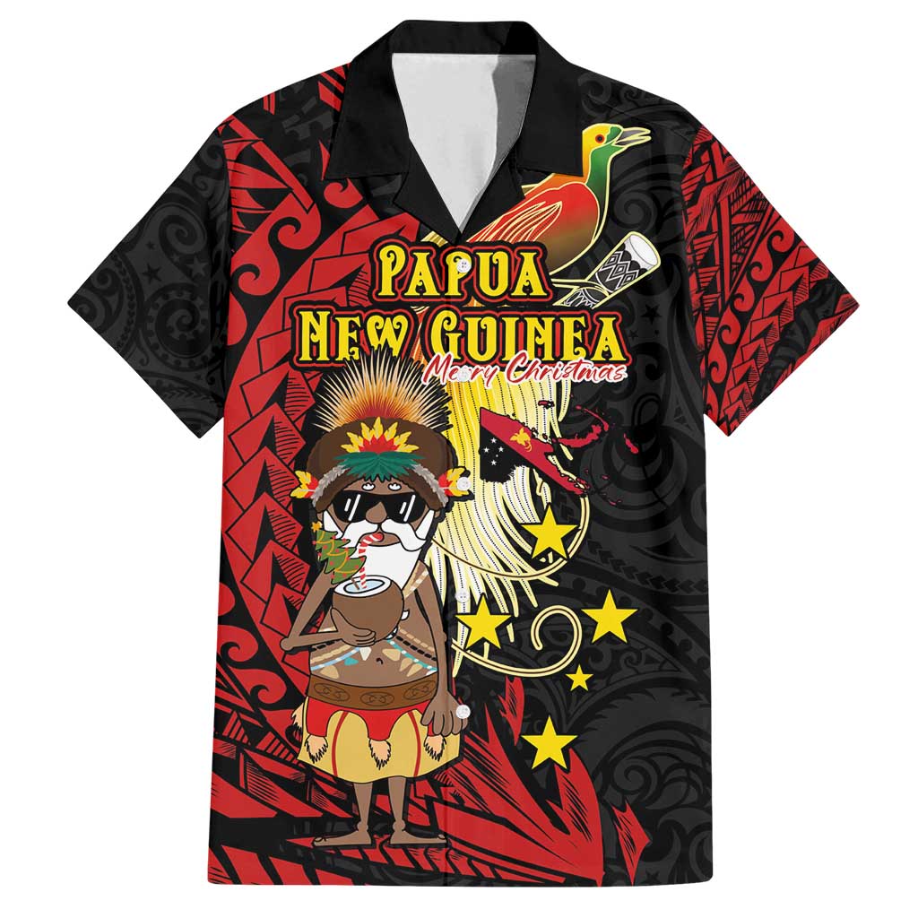 Papua New Guinea Christmas Family Matching Long Sleeve Bodycon Dress and Hawaiian Shirt Funny Melanesian Santa with Bird-of-paradise Tribal Style LT03 Dad's Shirt - Short Sleeve Black - Polynesian Pride