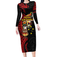Papua New Guinea Christmas Family Matching Long Sleeve Bodycon Dress and Hawaiian Shirt Funny Melanesian Santa with Bird-of-paradise Tribal Style LT03 Mom's Dress Black - Polynesian Pride