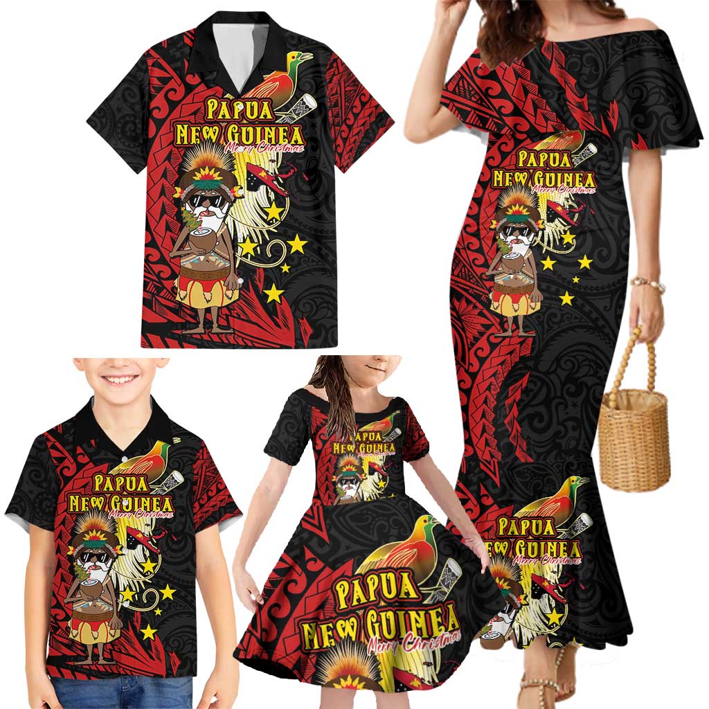Papua New Guinea Christmas Family Matching Mermaid Dress and Hawaiian Shirt Funny Melanesian Santa with Bird-of-paradise Tribal Style LT03 - Polynesian Pride