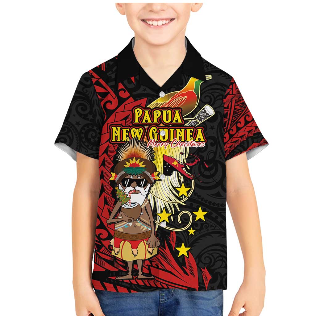 Papua New Guinea Christmas Family Matching Mermaid Dress and Hawaiian Shirt Funny Melanesian Santa with Bird-of-paradise Tribal Style LT03 Son's Shirt Black - Polynesian Pride