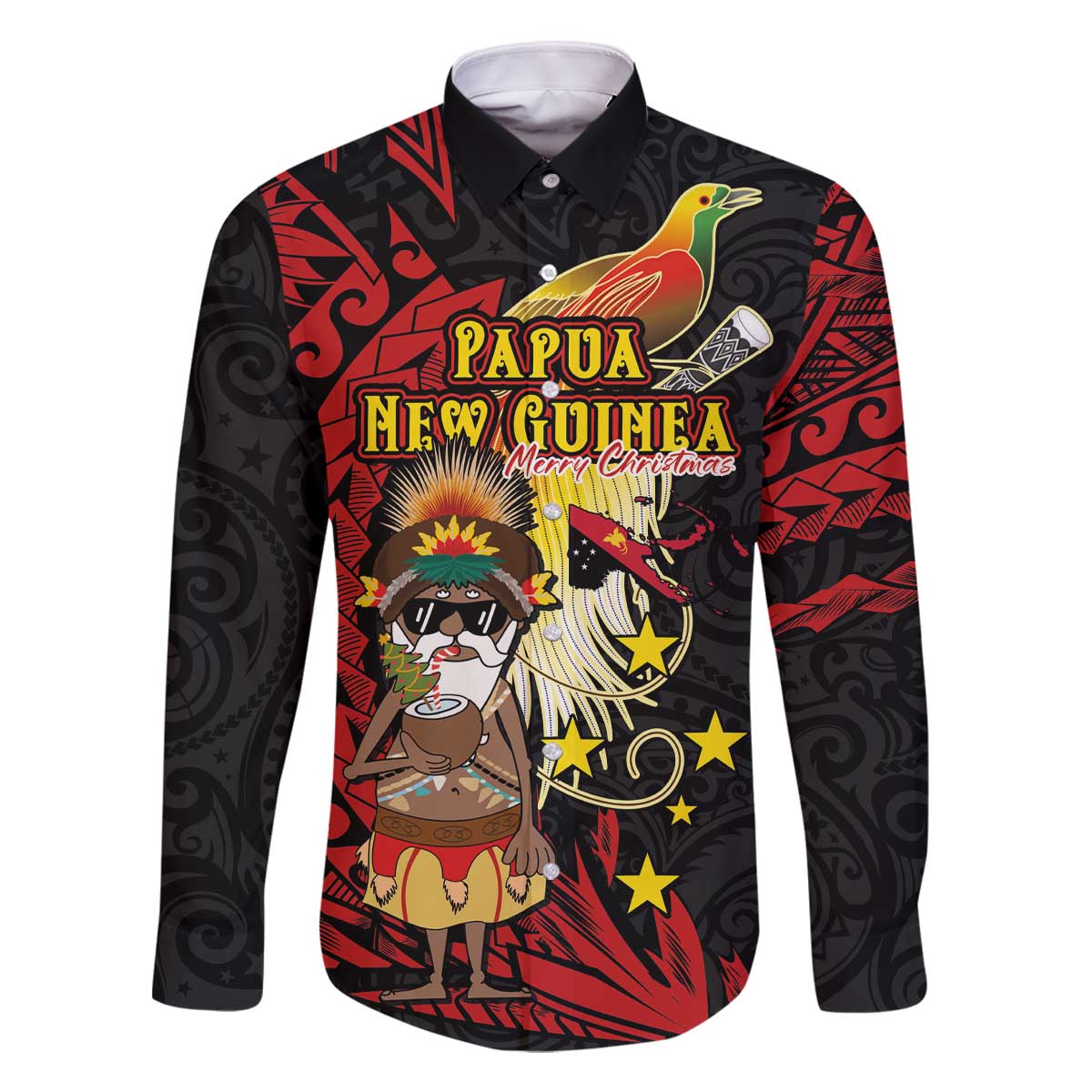 Papua New Guinea Christmas Family Matching Off The Shoulder Long Sleeve Dress and Hawaiian Shirt Funny Melanesian Santa with Bird-of-paradise Tribal Style LT03 Dad's Shirt - Long Sleeve Black - Polynesian Pride