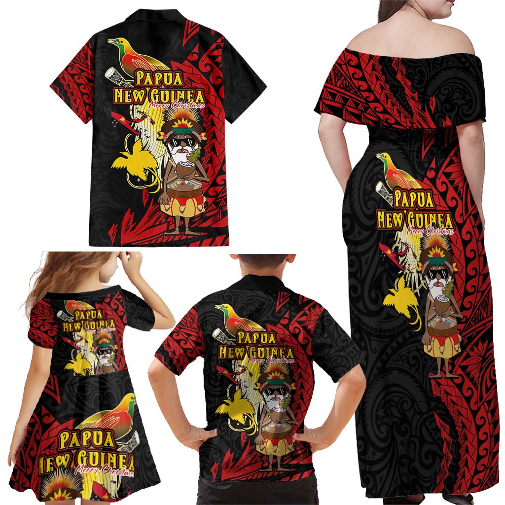 Papua New Guinea Christmas Family Matching Off Shoulder Maxi Dress and Hawaiian Shirt Funny Melanesian Santa with Bird-of-paradise Tribal Style LT03 - Polynesian Pride