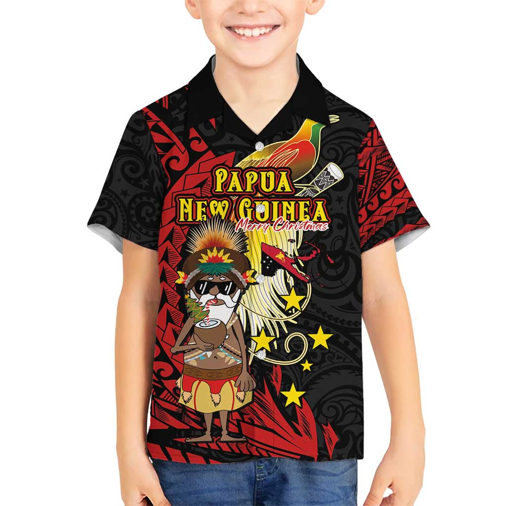 Papua New Guinea Christmas Family Matching Off Shoulder Maxi Dress and Hawaiian Shirt Funny Melanesian Santa with Bird-of-paradise Tribal Style LT03 Son's Shirt Black - Polynesian Pride