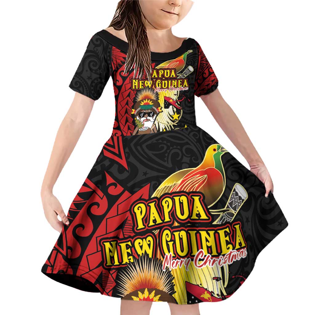 Papua New Guinea Christmas Family Matching Off Shoulder Short Dress and Hawaiian Shirt Funny Melanesian Santa with Bird-of-paradise Tribal Style LT03 Daughter's Dress Black - Polynesian Pride