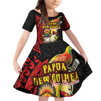 Papua New Guinea Christmas Family Matching Off Shoulder Short Dress and Hawaiian Shirt Funny Melanesian Santa with Bird-of-paradise Tribal Style LT03 Daughter's Dress Black - Polynesian Pride