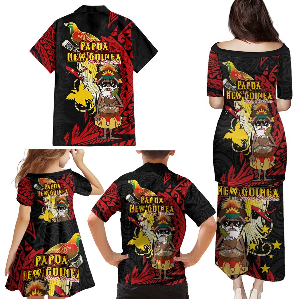 Papua New Guinea Christmas Family Matching Puletasi and Hawaiian Shirt Funny Melanesian Santa with Bird-of-paradise Tribal Style LT03 - Polynesian Pride