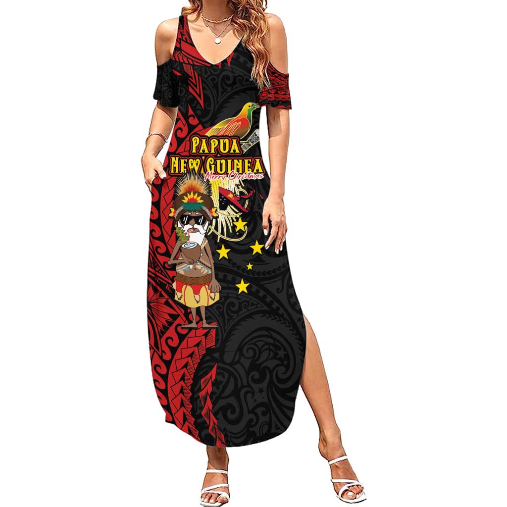 Papua New Guinea Christmas Family Matching Summer Maxi Dress and Hawaiian Shirt Funny Melanesian Santa with Bird-of-paradise Tribal Style LT03 Mom's Dress Black - Polynesian Pride