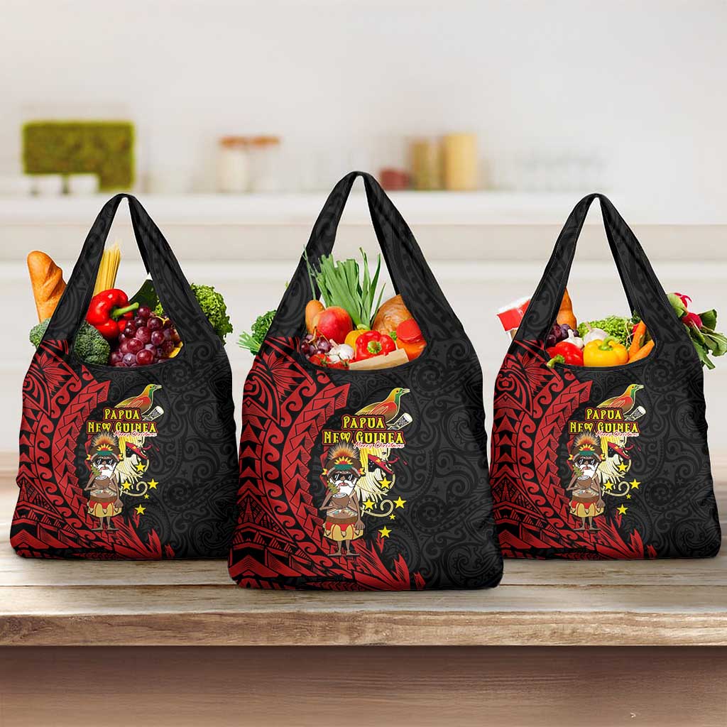 Papua New Guinea Christmas Grocery Bag Funny Melanesian Santa with Bird-of-paradise Tribal Style LT03 3-pack One Size Black - Polynesian Pride