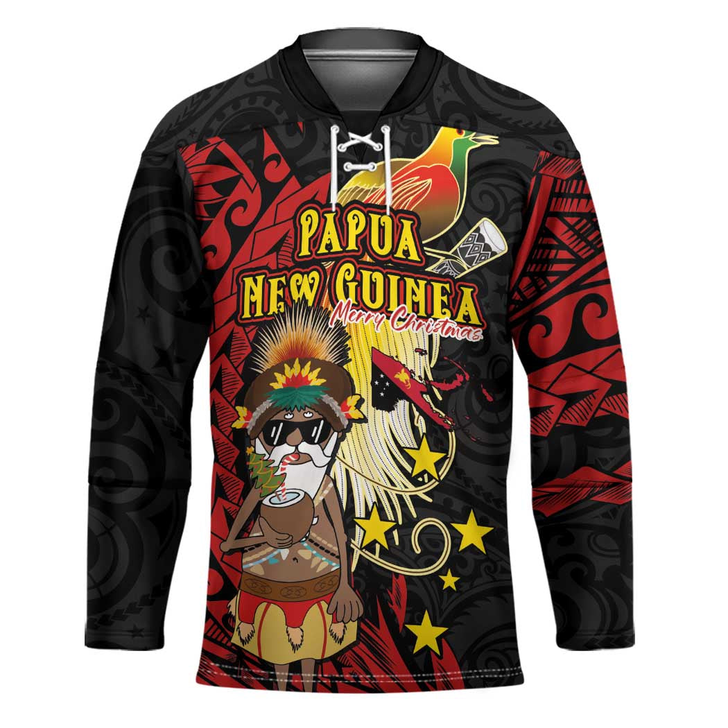 Papua New Guinea Christmas Hockey Jersey Funny Melanesian Santa with Bird-of-paradise Tribal Style LT03 Unisex Black - Polynesian Pride