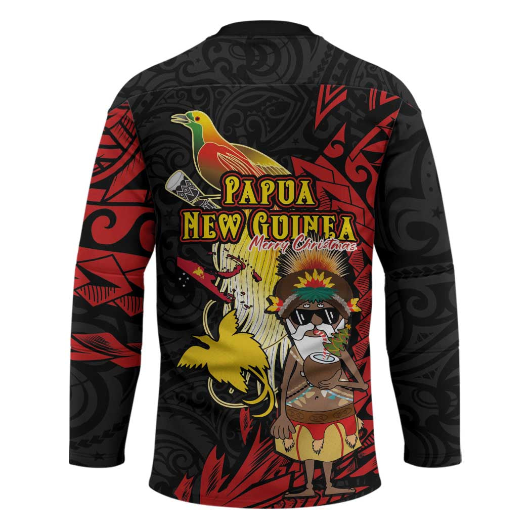Papua New Guinea Christmas Hockey Jersey Funny Melanesian Santa with Bird-of-paradise Tribal Style LT03 - Polynesian Pride