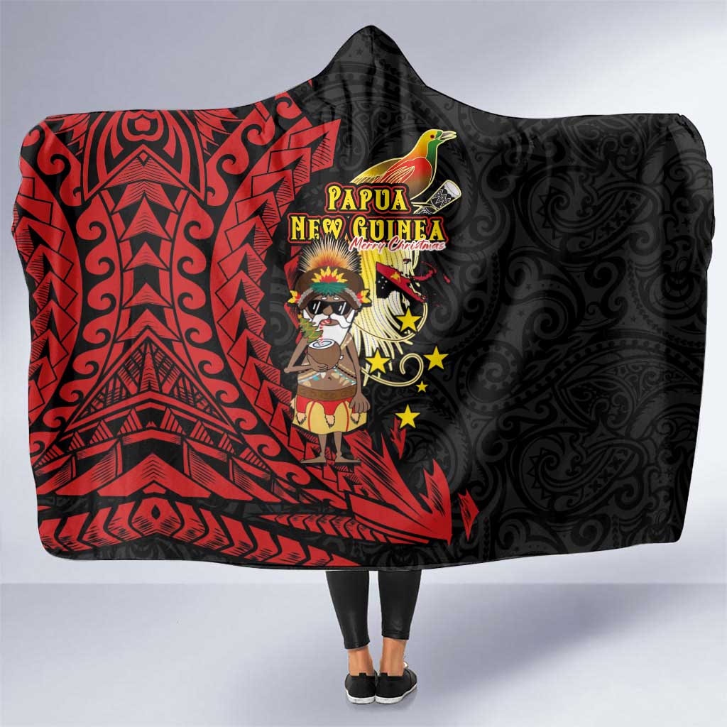 Papua New Guinea Christmas Hooded Blanket Funny Melanesian Santa with Bird-of-paradise Tribal Style LT03 One Size Black - Polynesian Pride