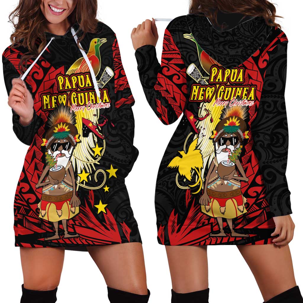 Papua New Guinea Christmas Hoodie Dress Funny Melanesian Santa with Bird-of-paradise Tribal Style LT03 - Polynesian Pride