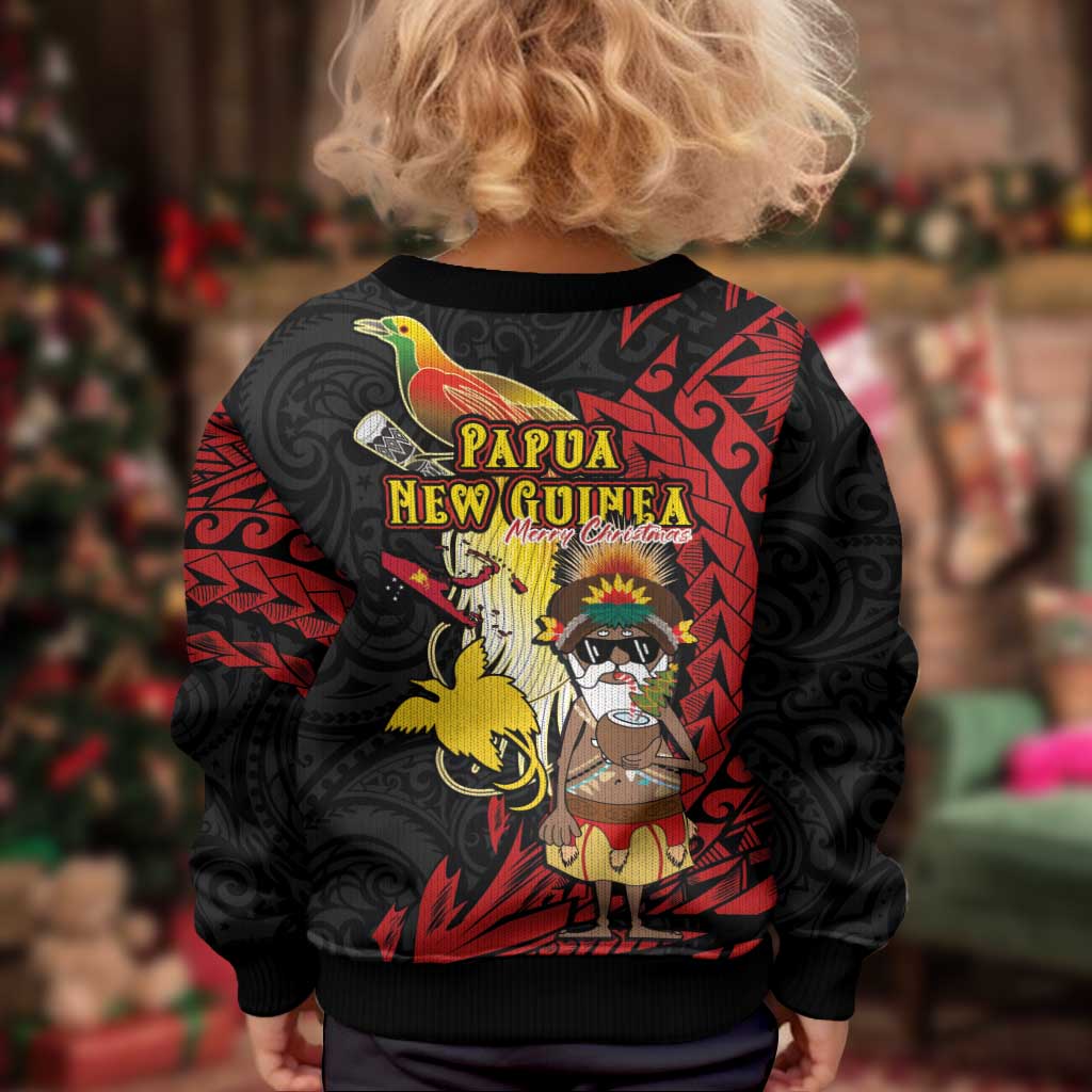 Papua New Guinea Christmas Kid Ugly Christmas Sweater Funny Melanesian Santa with Bird-of-paradise Tribal Style LT03 - Polynesian Pride