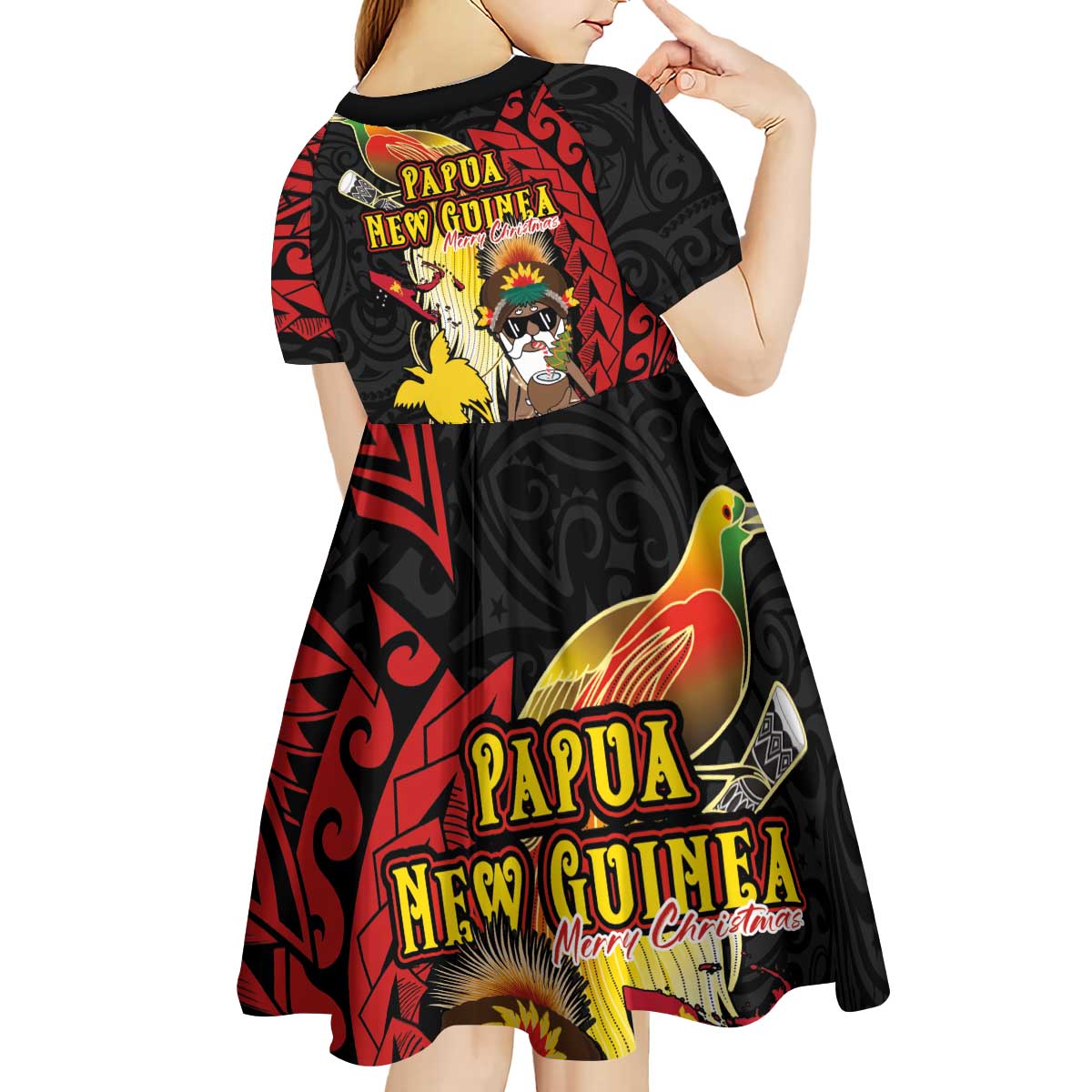 Papua New Guinea Christmas Kid Short Sleeve Dress Funny Melanesian Santa with Bird-of-paradise Tribal Style LT03 - Polynesian Pride