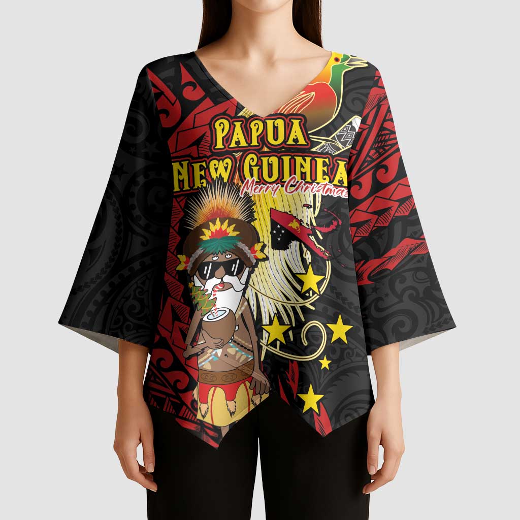 Papua New Guinea Christmas Kimono Sleeve Blouse Funny Melanesian Santa with Bird-of-paradise Tribal Style LT03 - Polynesian Pride