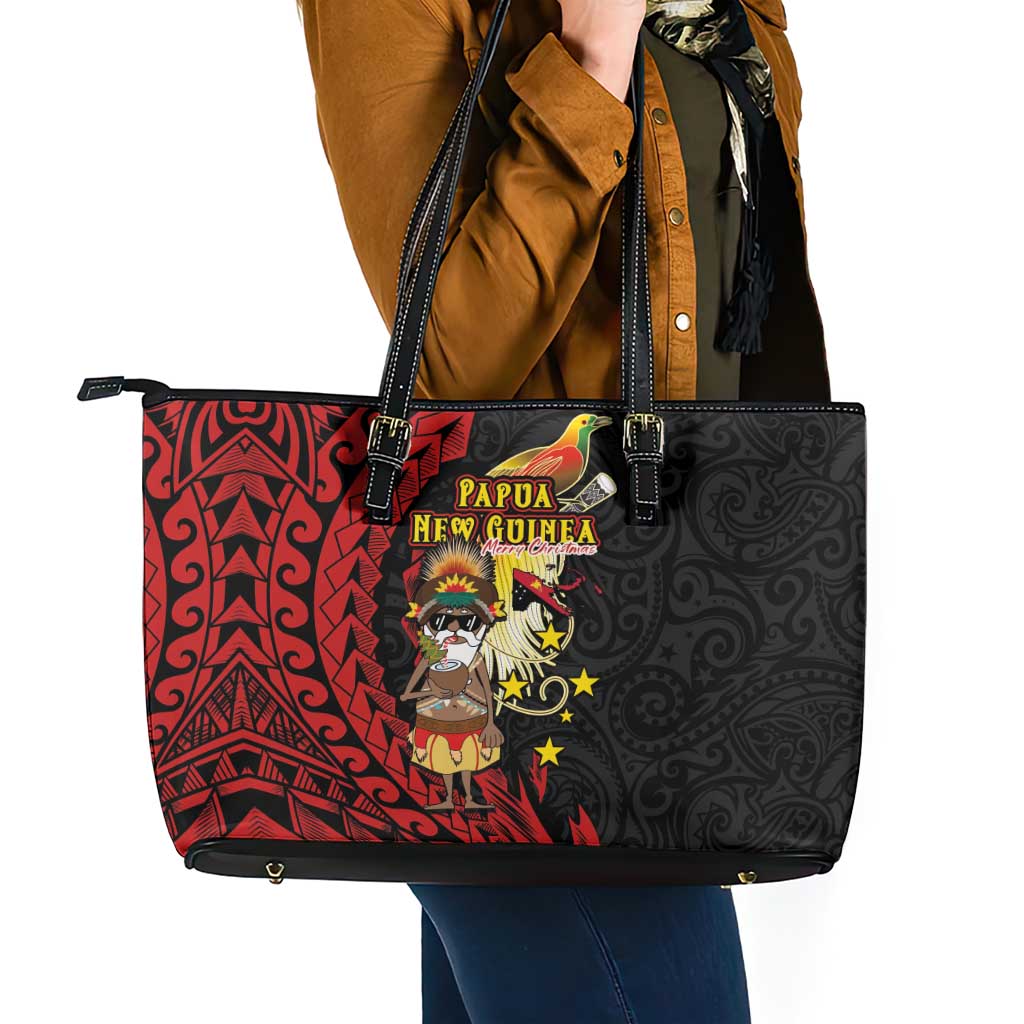 Papua New Guinea Christmas Leather Tote Bag Funny Melanesian Santa with Bird-of-paradise Tribal Style LT03 - Polynesian Pride