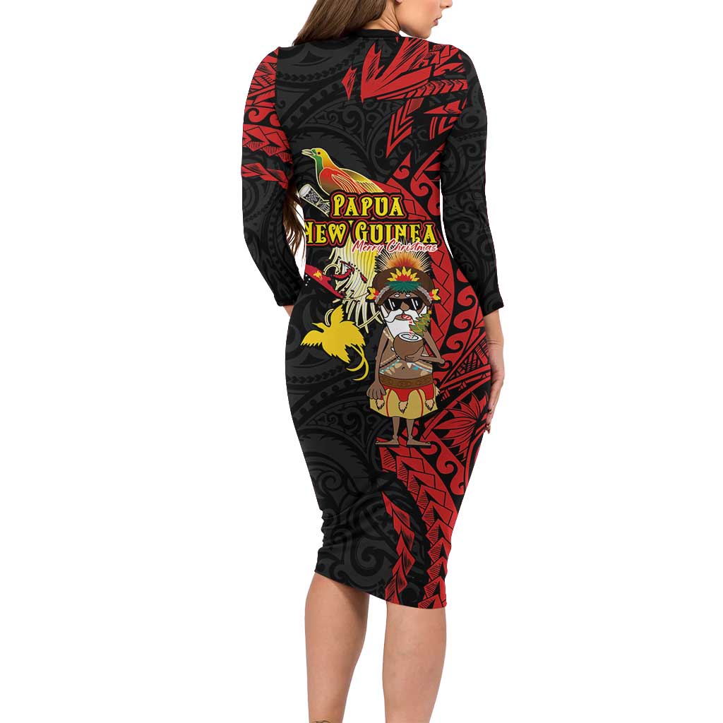 Papua New Guinea Christmas Long Sleeve Bodycon Dress Funny Melanesian Santa with Bird-of-paradise Tribal Style LT03 - Polynesian Pride