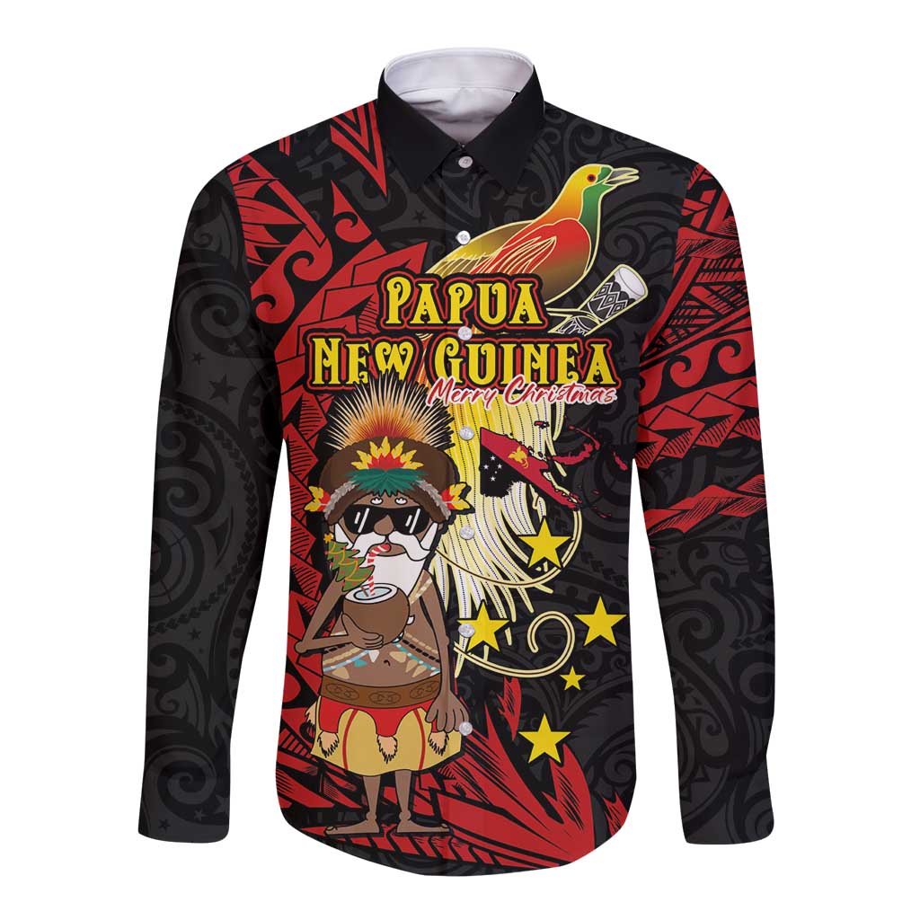 Papua New Guinea Christmas Long Sleeve Button Shirt Funny Melanesian Santa with Bird-of-paradise Tribal Style LT03 Unisex Black - Polynesian Pride