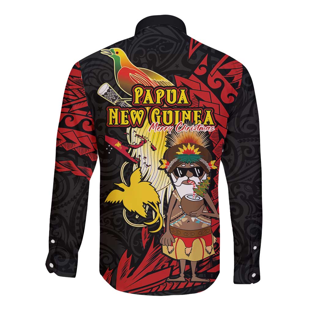Papua New Guinea Christmas Long Sleeve Button Shirt Funny Melanesian Santa with Bird-of-paradise Tribal Style LT03 - Polynesian Pride