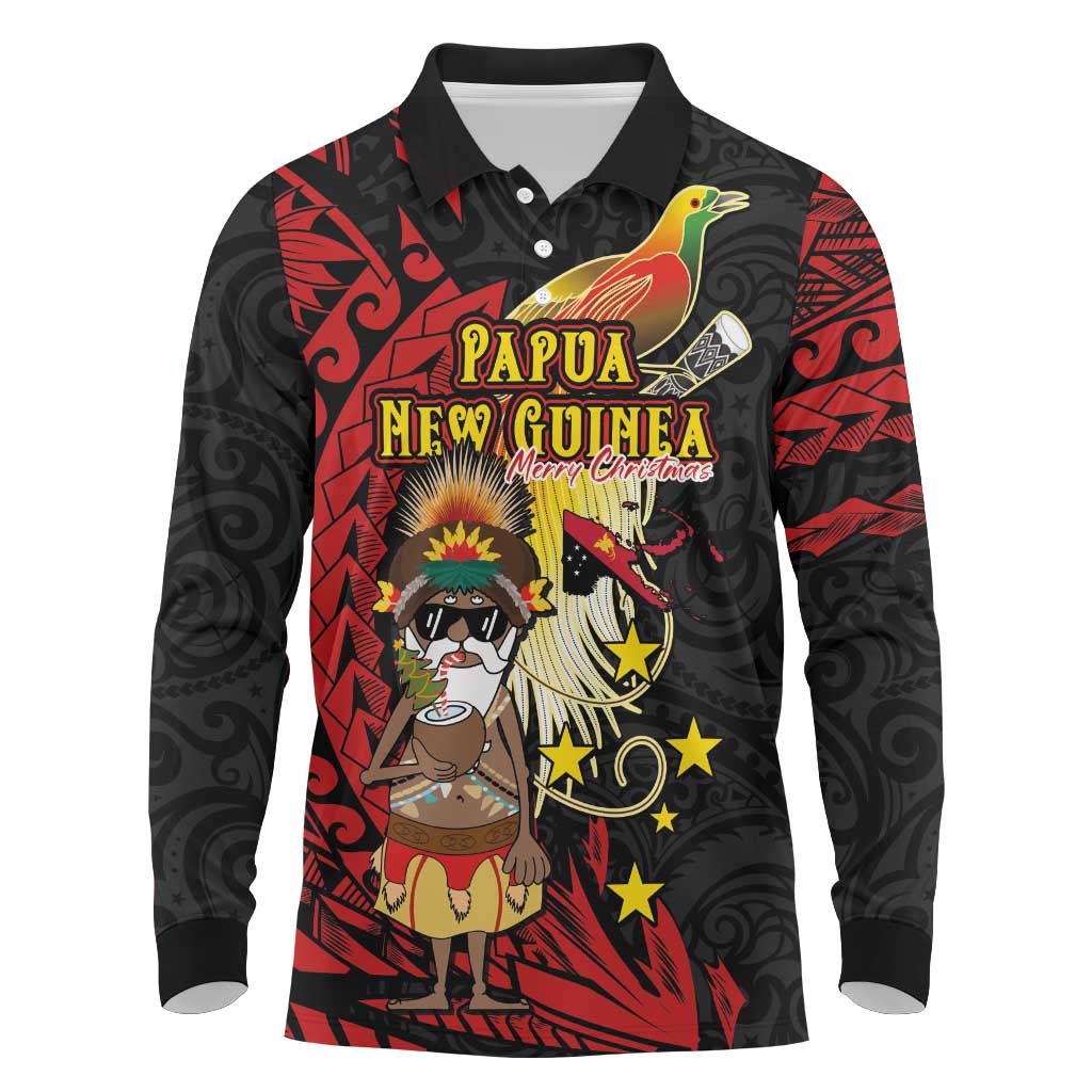 Papua New Guinea Christmas Long Sleeve Polo Shirt Funny Melanesian Santa with Bird-of-paradise Tribal Style LT03 Black - Polynesian Pride